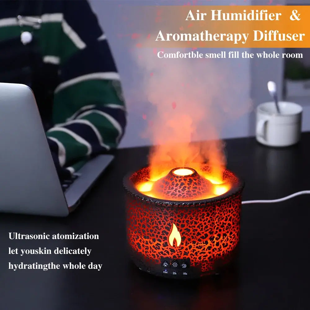 EruptGlow Volcano Humidifier on a bedside table, creating a warm, cozy atmosphere.
