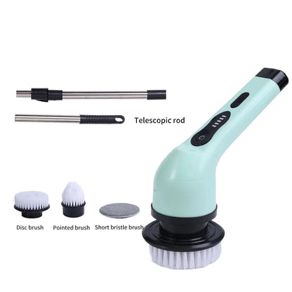 Three heads Electric rechargeable cleaning brush for home and car cleaning in green color.