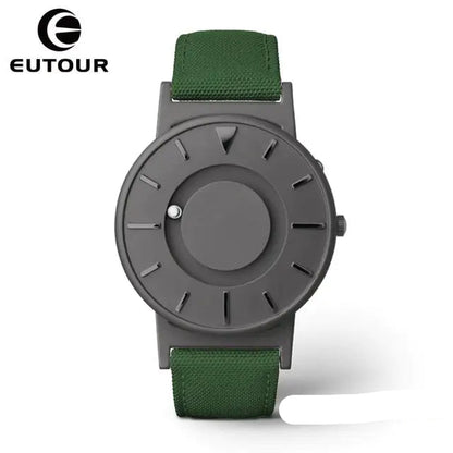 Eutour Magnetic Ball Watch with a sleek stainless steel case and elegant, screw-free design in Gray Green canvas.