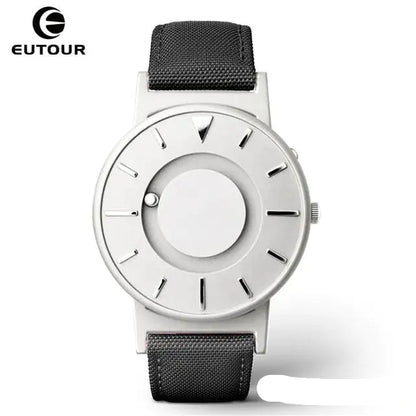 Eutour Magnetic Ball Watch with a sleek stainless steel case and elegant, screw-free design in silver black canvass.
