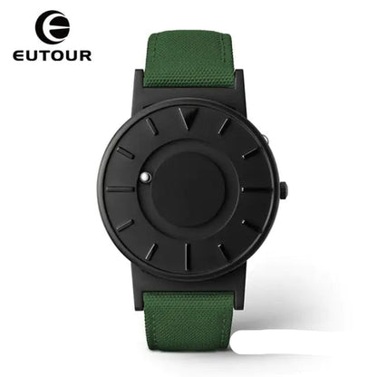 Eutour Magnetic Ball Watch with a sleek stainless steel case and elegant, screw-free design in green black canvas