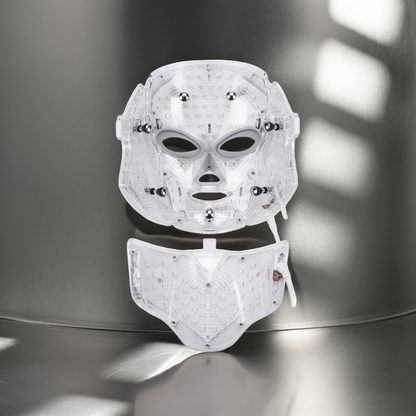 Close-up of LED Face Mask and neck showing 7 light modes for skin rejuvenation and acne treatment