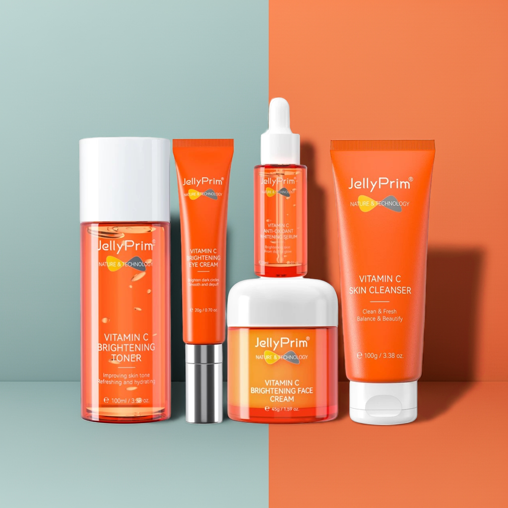 JellyPrim Vitamin C 5-Piece Skincare Kit packaging – includes cleanser, serum, cream, toner & eye gel for glowing skin & dark spot removal.