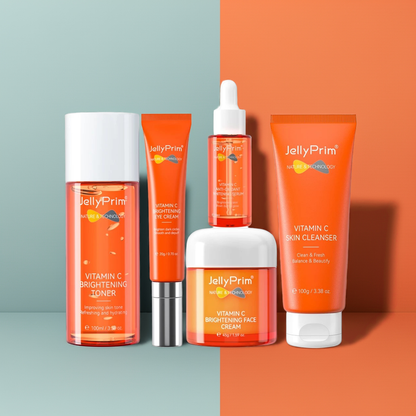 JellyPrim Vitamin C 5-Piece Skincare Kit packaging – includes cleanser, serum, cream, toner & eye gel for glowing skin & dark spot removal.