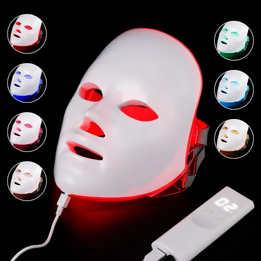 Close-up of LED Face Mask with 7 light modes for glowing skin. fast charging.