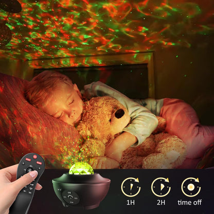 LED  galaxy star projector with settings for customization for brightness level and sleep timer.