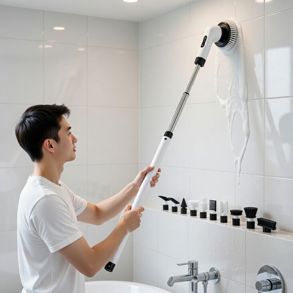 Long Handle Reach of cordless electric scrubber.