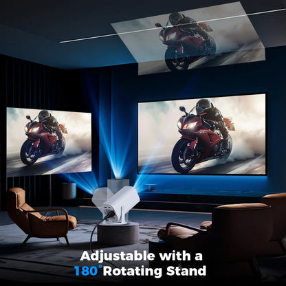 Home theater setup with a projector displaying a motorcycle on a screen, adjustable with a 180-degree rotating stand.
