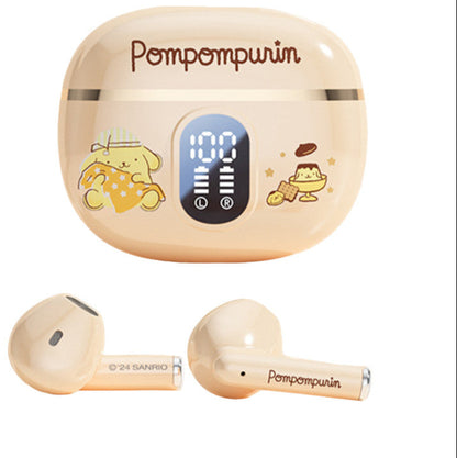 Pompompurin-themed wireless earbuds with charging case on a white background