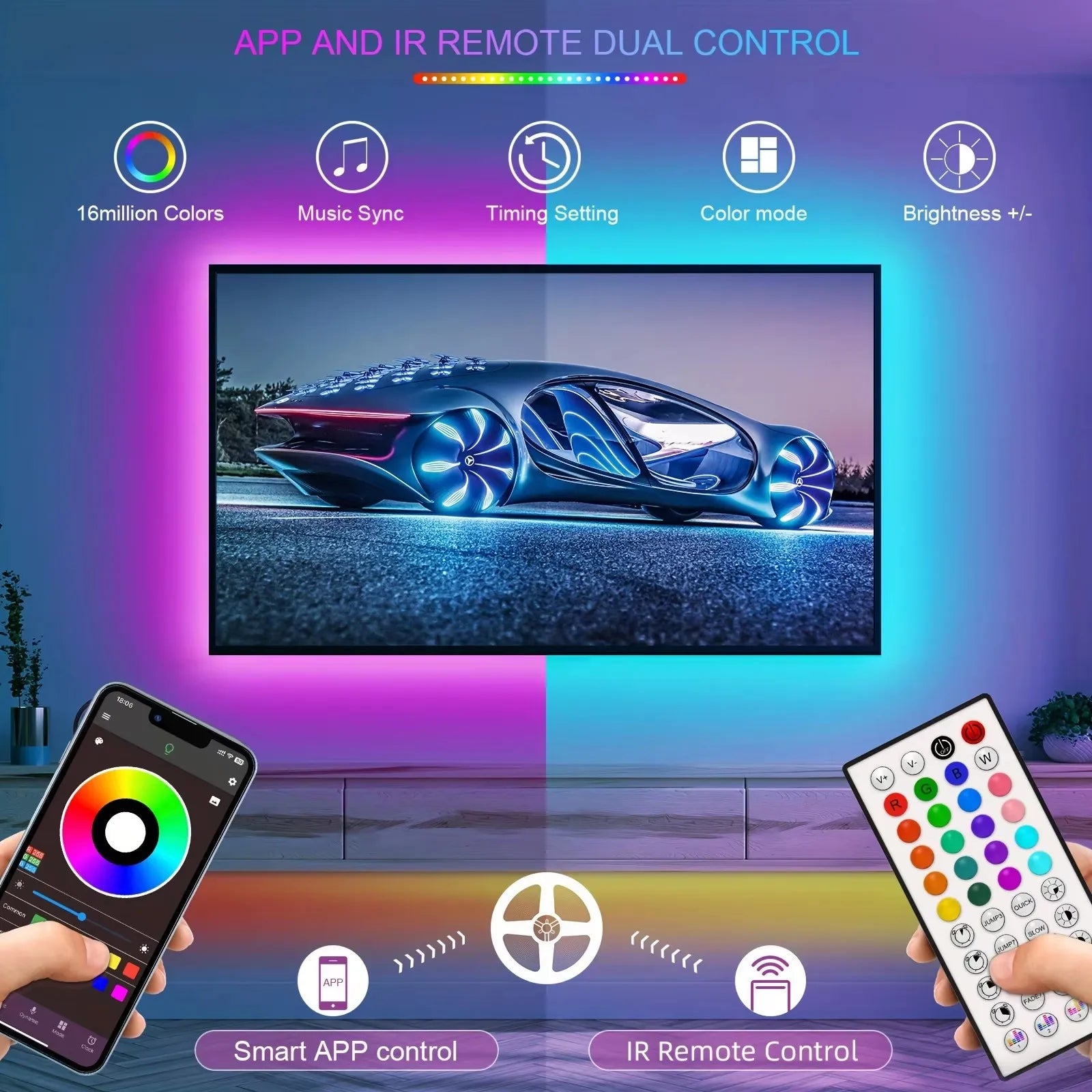 Smart LED strip lights with app and IR remote control,