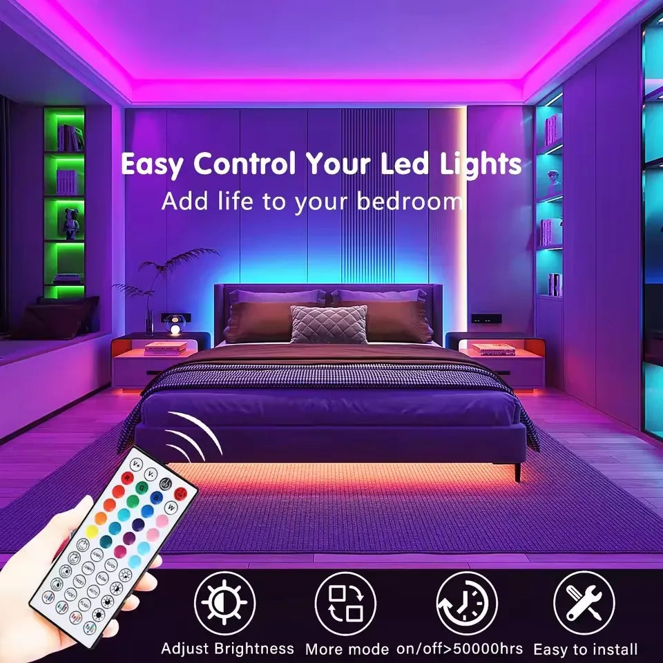Bedroom with LED lights and a remote control, promoting easy control of LED lights.