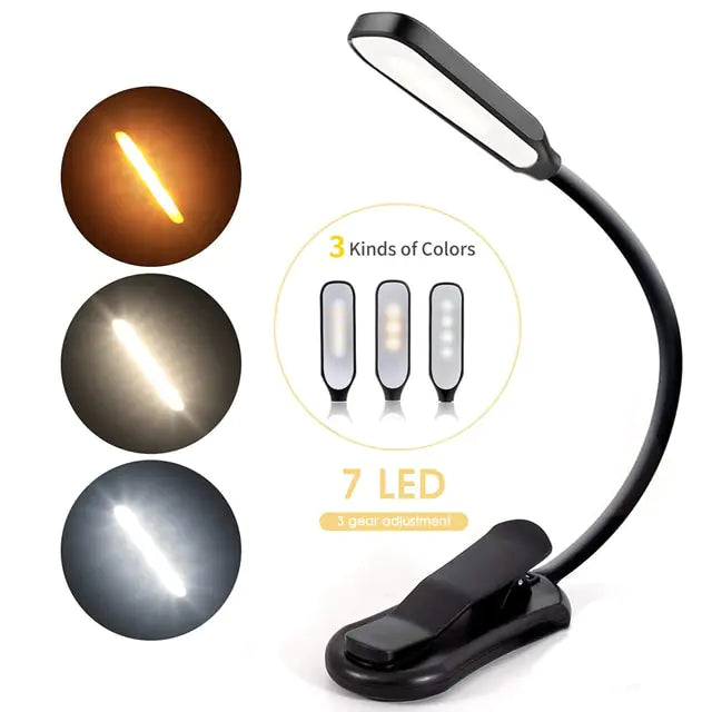 Bright Mini 7-LED rechargeable reading light for reading, studying, and relaxing.

