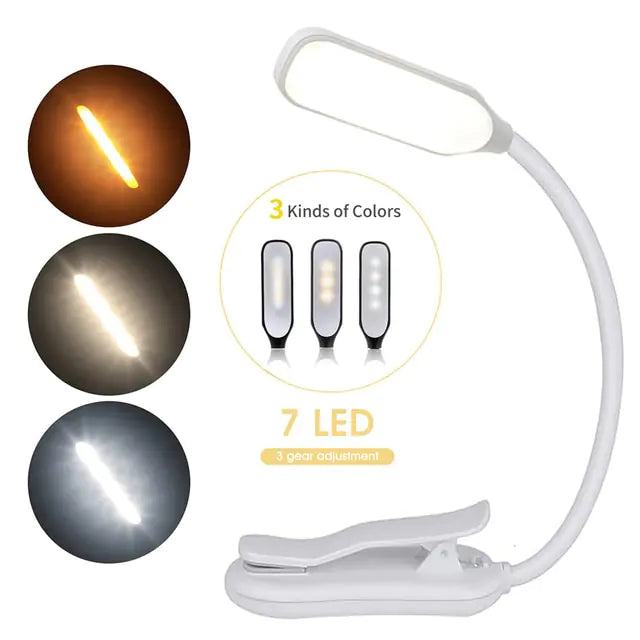 Bright Mini 7-LED rechargeable reading light for reading, studying, and relaxing.

