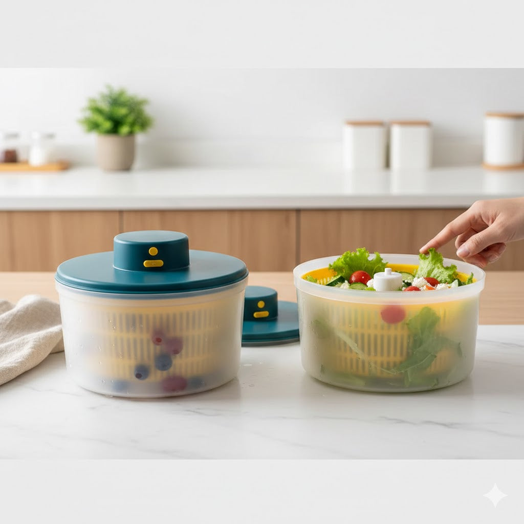 Salad spinner with salad on a kitchen counter for fruits and vegetables.