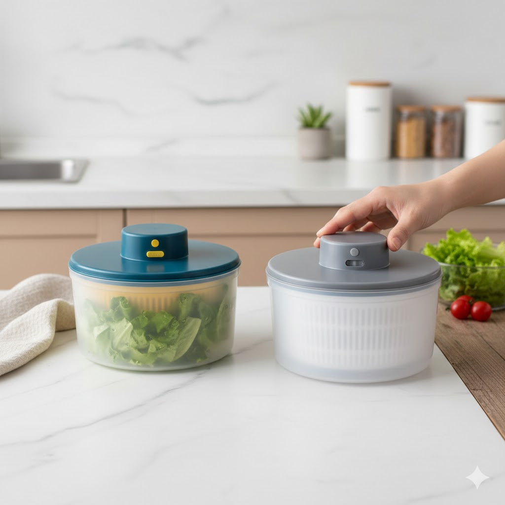 Two salad spinners on a kitchen counter with a person interacting with one of them.