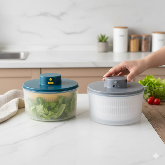 Two salad spinners on a kitchen counter with a person interacting with one of them.