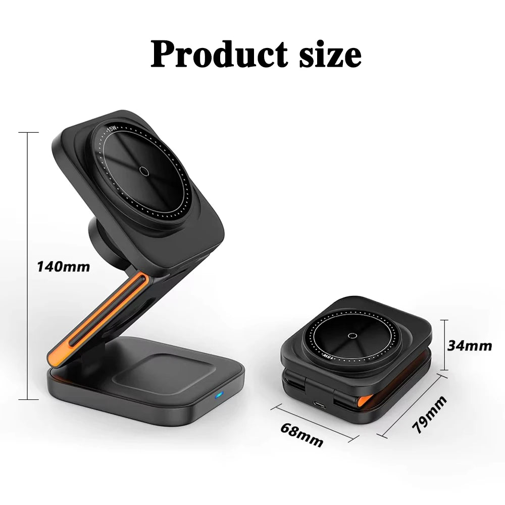 Front and side view of the 3-in-1 foldable charging dock for smartphones, smartwatches, and earbuds.
