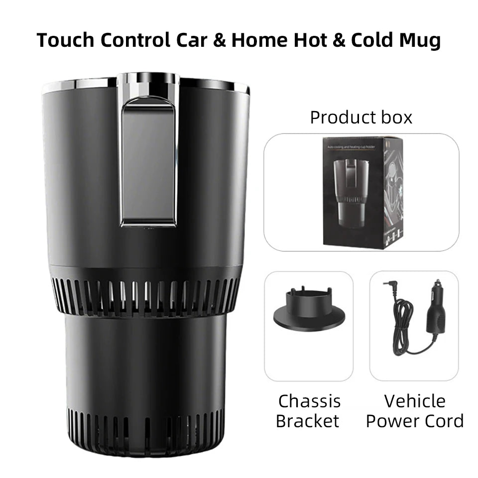 Black hot and cold Smart 2-in-1 Car Cup with packaging, chassis bracket, and vehicle power cord on a white background