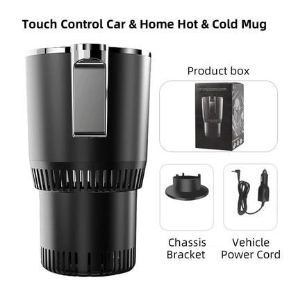 Black hot and cold Smart 2-in-1 Car Cup with packaging, chassis bracket, and vehicle power cord on a white background
