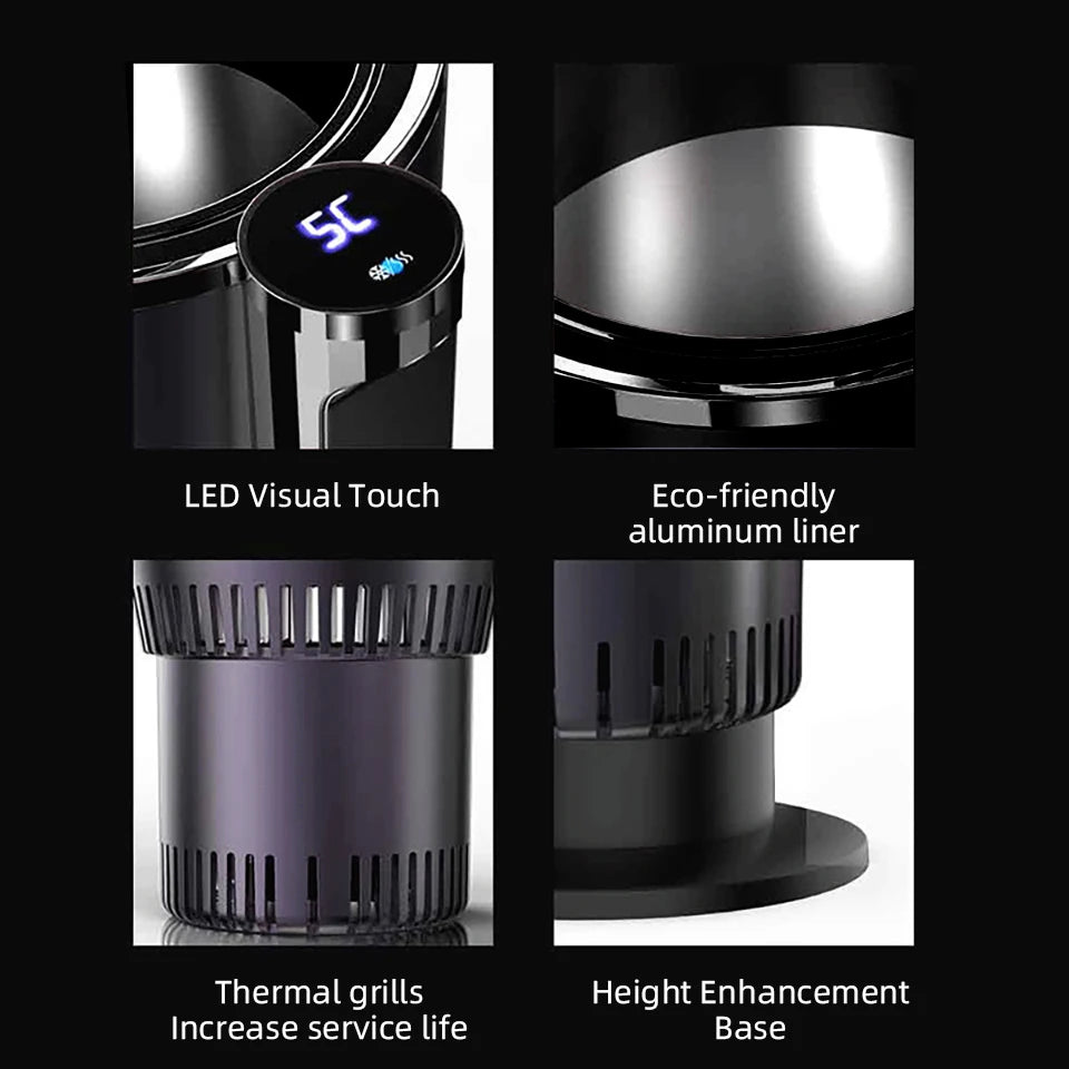 Product features of smart car cup with LED visual touch, eco-friendly aluminum liner, thermal grills, and height enhancement base on a black background.