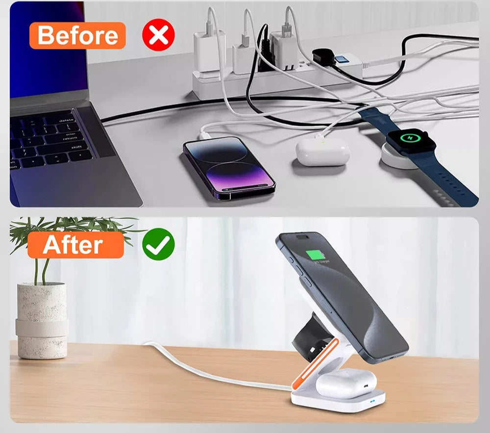 Foldable fast charging station on a bedside table, charging devices wirelessly.
