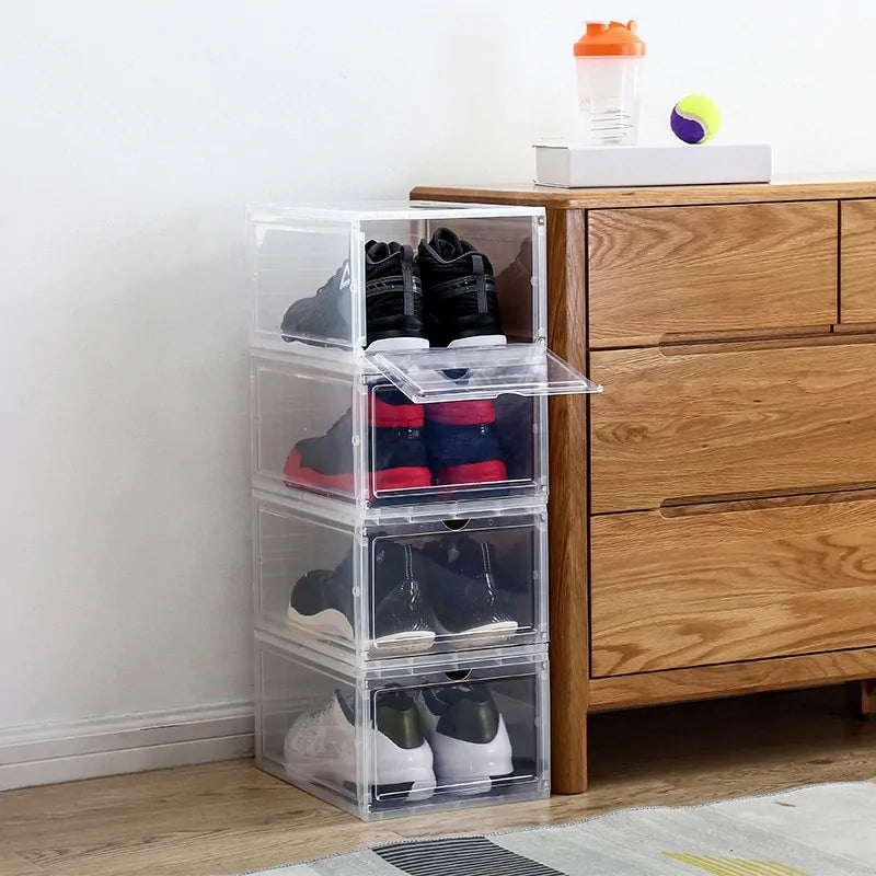 Side view of the stackable transparent shoe storage box.
Easily organized.