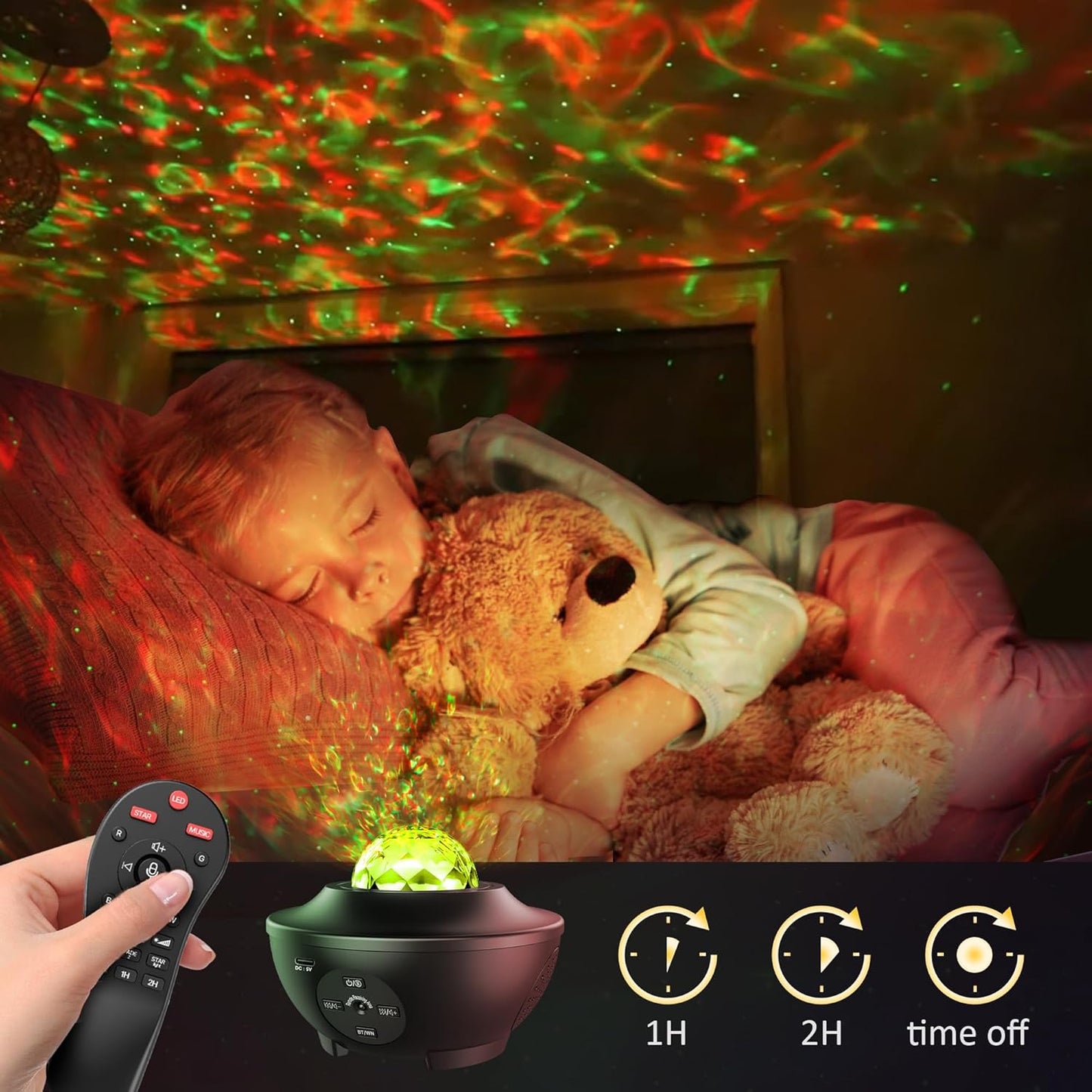 StellarGlow LED Galaxy Star Projector Lamp remote control settings for customization for brightness level and sleep timer.