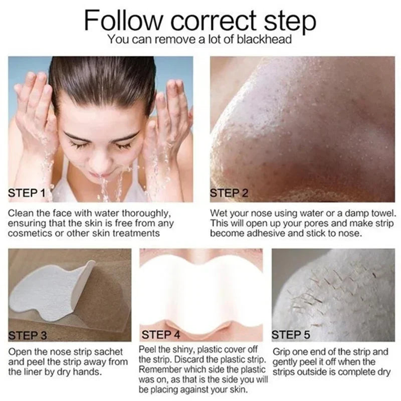 Step-by-step use of blackhead remover strips for deep pore cleansing.
