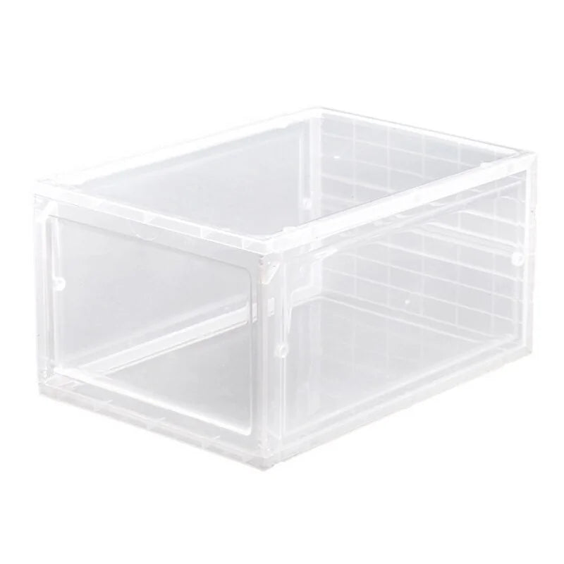 Front view of a vertical transparent shoe storage box with clear panels.
