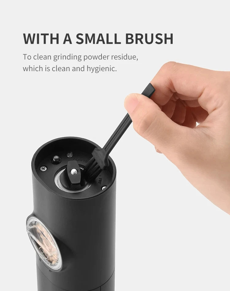 "USB Rechargeable Pepper Grinder comes with a smlal brush for cleaning.