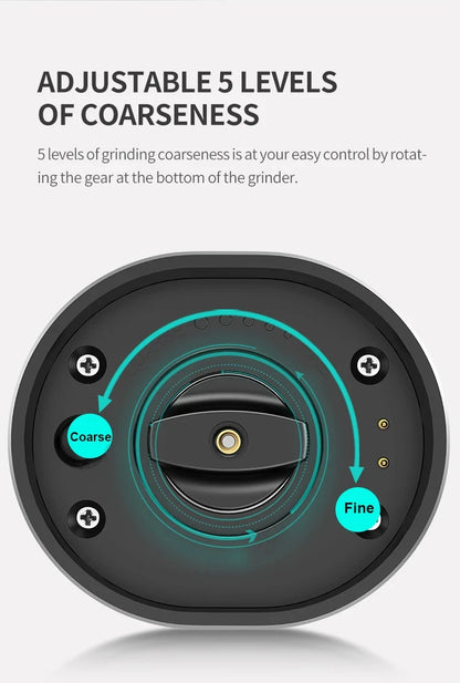 USB Rechargeable Pepper Grinder with  five Adjustable grinding  levels of coarseness levels.