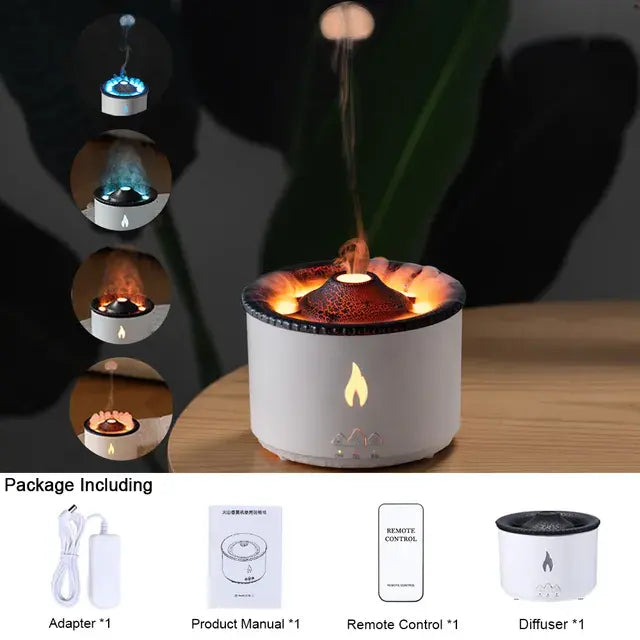 "EruptGlow diffuser's flame-effect mist with a stylish white finish."
