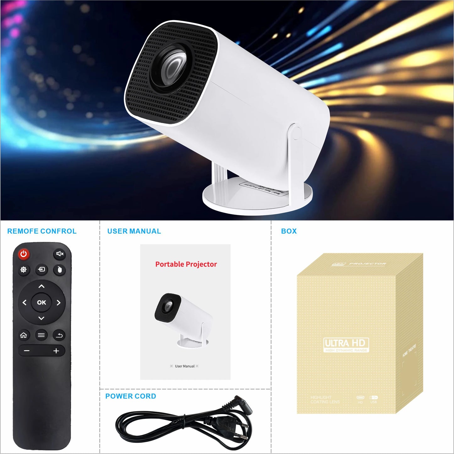 Portable outdoor projector for movies and gaming, comes with remote control, charging cable and packing box.