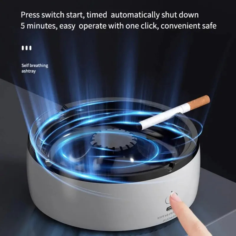 Modern ashtray with air purifier with blue light effects and a smoking cigarette inside.
