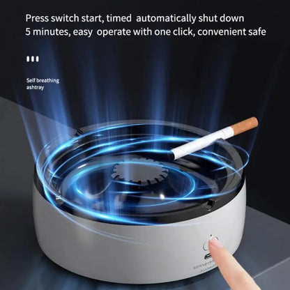 Modern ashtray with air purifier with blue light effects and a smoking cigarette inside.