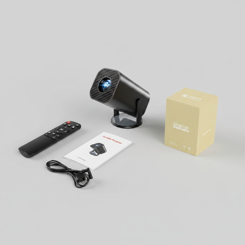 Black projector with remote control, cable, and user manual on a gray surface