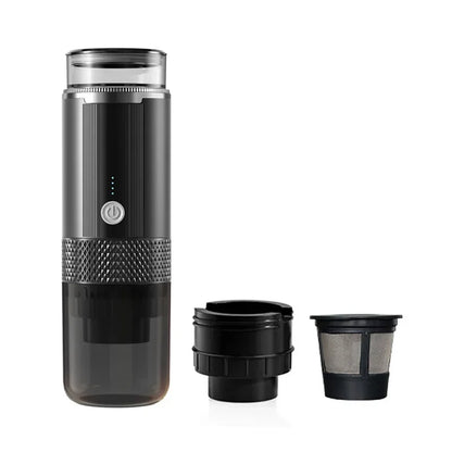 Complete camping coffee set with portable maker, with coffee cup.

