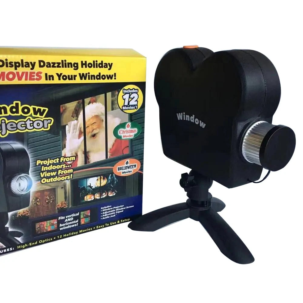 Front view of the Holographic Window Display Projector featuring its sleek black design for versatile holiday use.