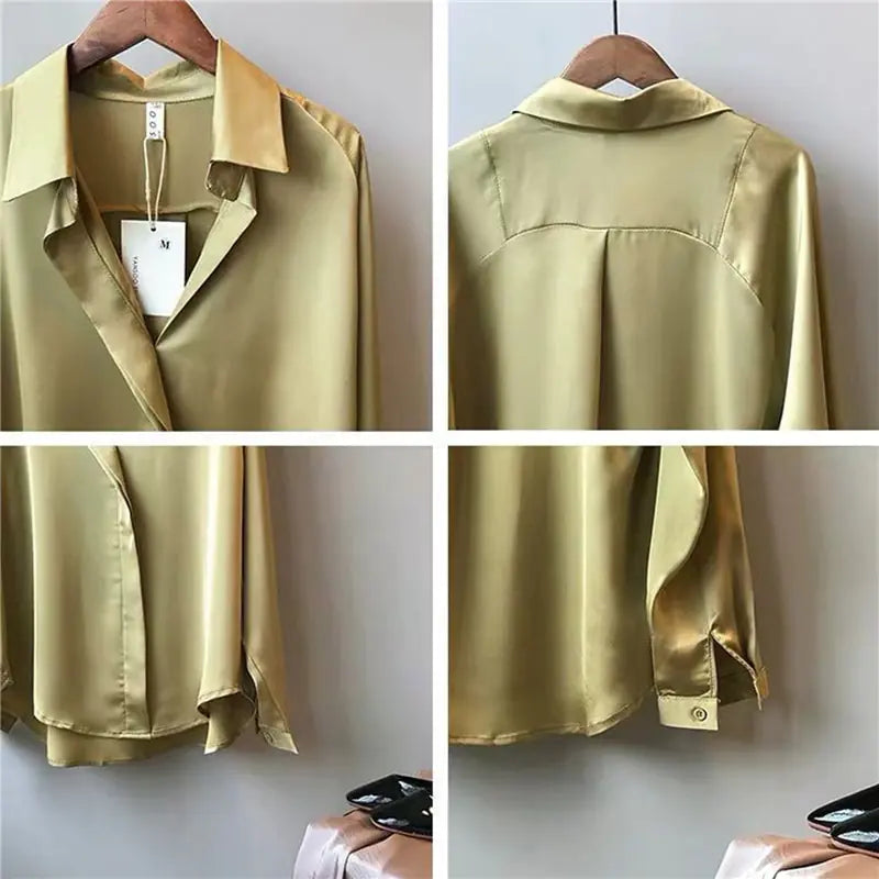 closeup view of the Chic V-Neck Silk Blouse showcasing its elegant long sleeves and flattering V-neckline