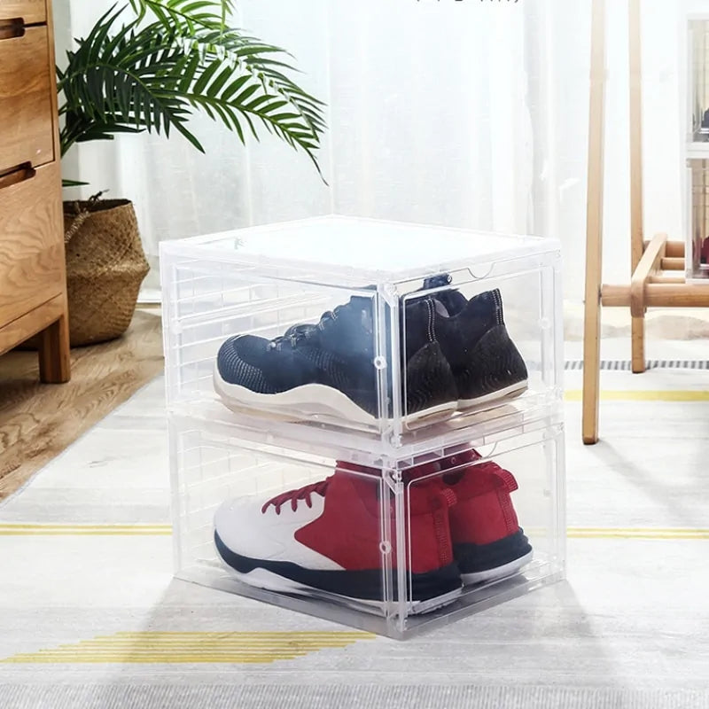 Side view of the stackable transparent shoe storage box.
