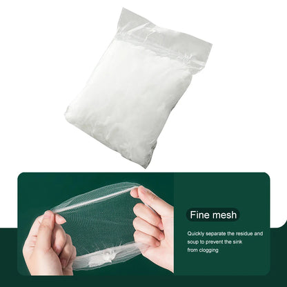 Fine mesh filter bag with packaging and hands holding a piece of mesh on a white background