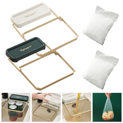 Alt Text: "Collapsible sink strainer bag catching food scraps in a kitchen sink.

