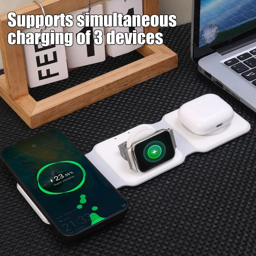 3-in-1 foldable charger in use, showing fast charging functionality for multiple gadgets.
