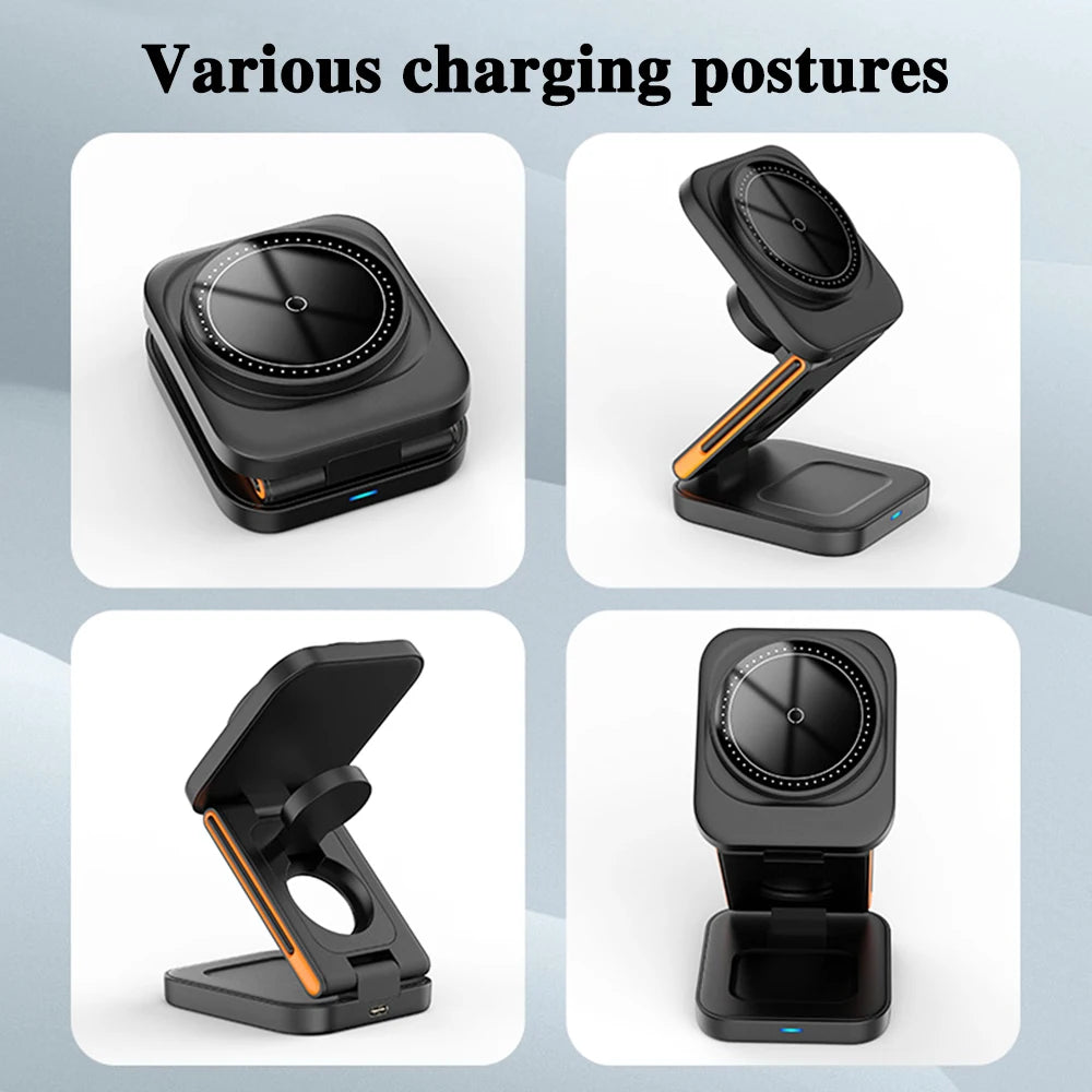 Front view of the 3-in-1 foldable charging dock for smartphones, smartwatches, and earbuds.
