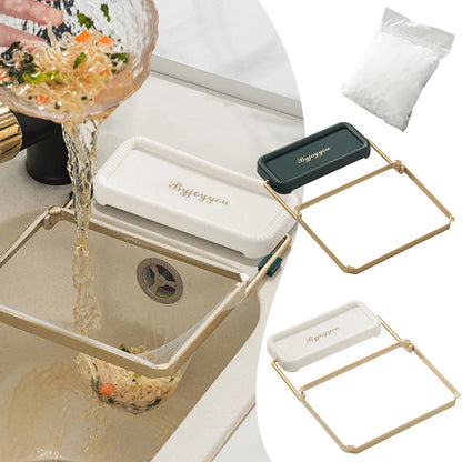 Foldable kitchen sink garbage net bag with stainless steel holder – reusable and easy to clean."