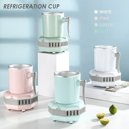 Set of four refrigeration cups in white, pink, green, and blue on a light blue background.