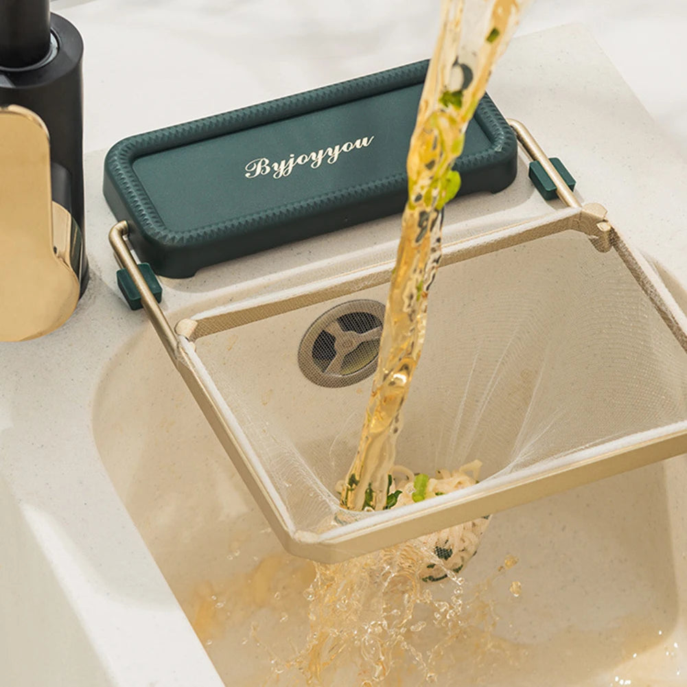 Green foldable kitchen sink garbage net bag with holder – eco-friendly mesh strainer for leftovers.