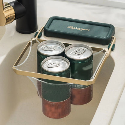 green-mesh-sink-catcher-compact-storage can hold three cans on a sink