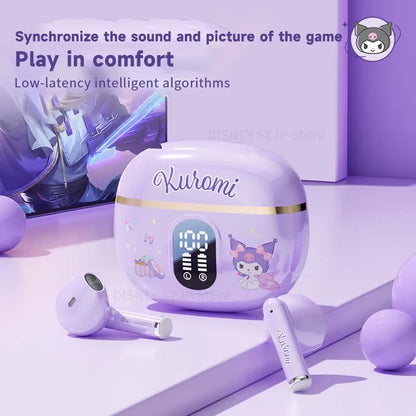 'Kuromi' Purple wireless earbuds with Sanrio branding  and digital display