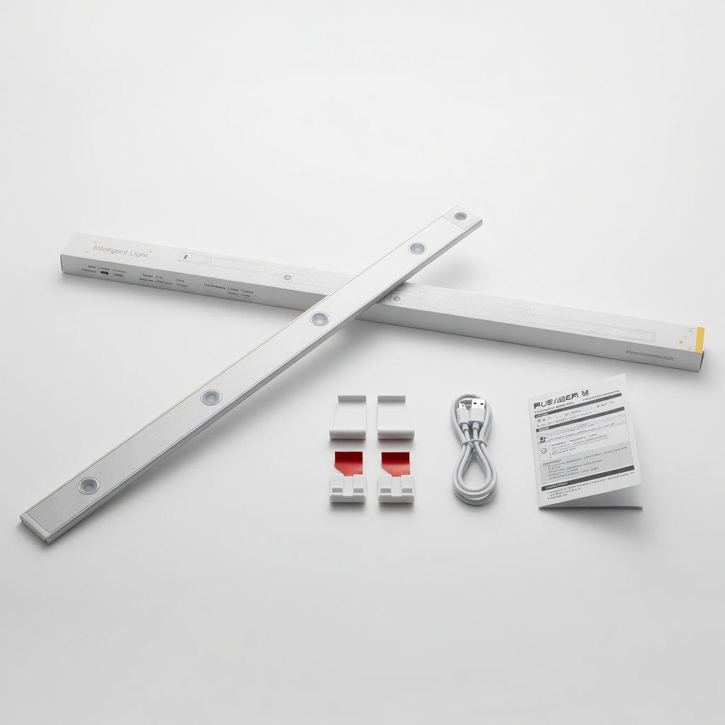 led-light-bar-product-shot, including a cable, connectors, and packaging on a white background